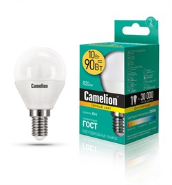Светодиодная лампа E14 10W 3000К (теплый свет) Camelion LED10-G45/830/E14 (13565) - фото 2523278