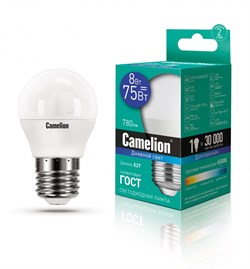 Светодиодная лампа E27 8W 6500К (дневной свет) Camelion LED8-G45/865/E27 (13373) - фото 2523298