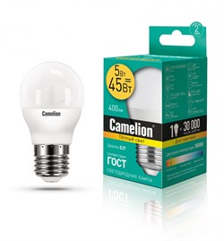 Светодиодная лампа E27 5W 3000К (теплый) G45 Camelion LED5-G45/830/E27 (12028) - фото 2523361