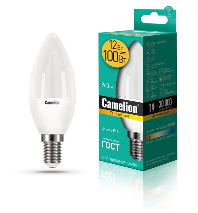 Светодиодная лампа E14 12W 3000К (теплый свет) Camelion LED12-C35/830/E14 (13687) - фото 2781358