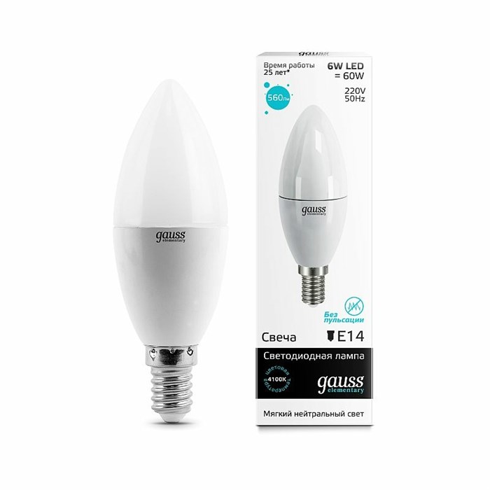 Лампа Gauss LED Elementary Candle 6W E14 4100K 1/10/50 (33126)