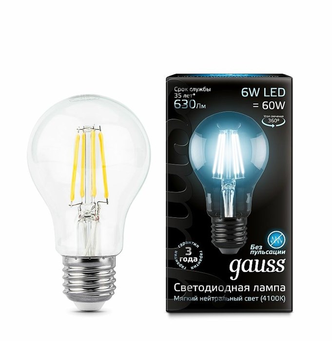 Лампа Gauss LED Filament A60 E27 6W 4100К 102802206 - фото 2919076