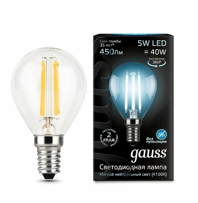 Лампа Gauss LED Filament Globe E14 5W 4100K 105801205 - фото 2919084