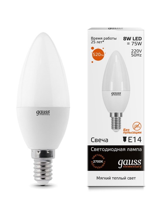 Лампа Gauss LED Elementary Candle 8W E14 3000K  (33118) - фото 2919290