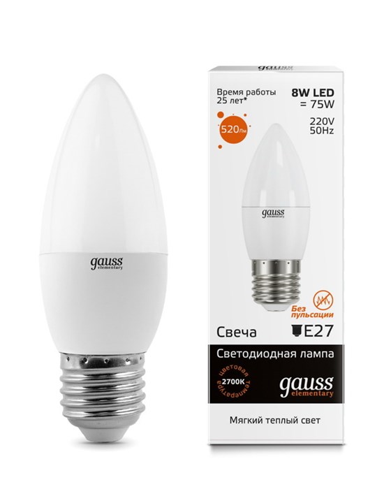 Лампа Gauss LED Elementary Candle 8W E27 3000K (33218) - фото 2919292