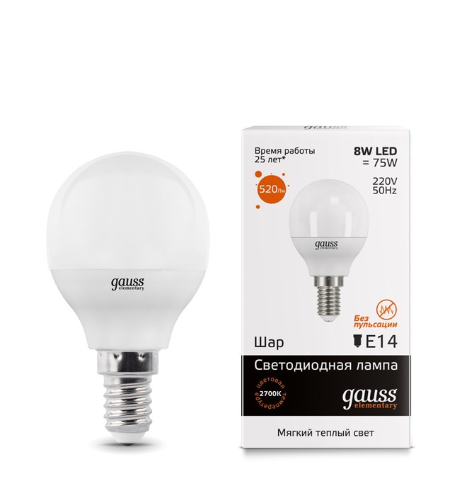 Лампа Gauss LED Elementary Globe 8W E14 3000K  (53118) - фото 2919298