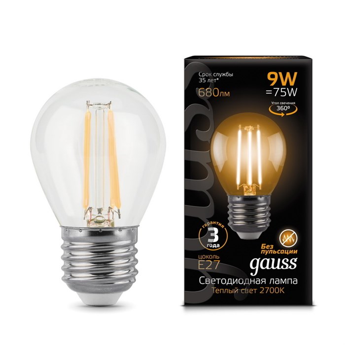 Лампа Gauss LED Filament Globe E27 9W 2700K 105802109 - фото 2919664