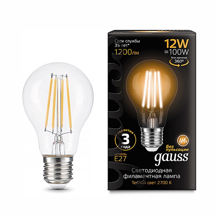 Лампа Gauss LED Filament А60 12W 1200lm 2700К Е27 1/10/40( 102902112) - фото 2921355