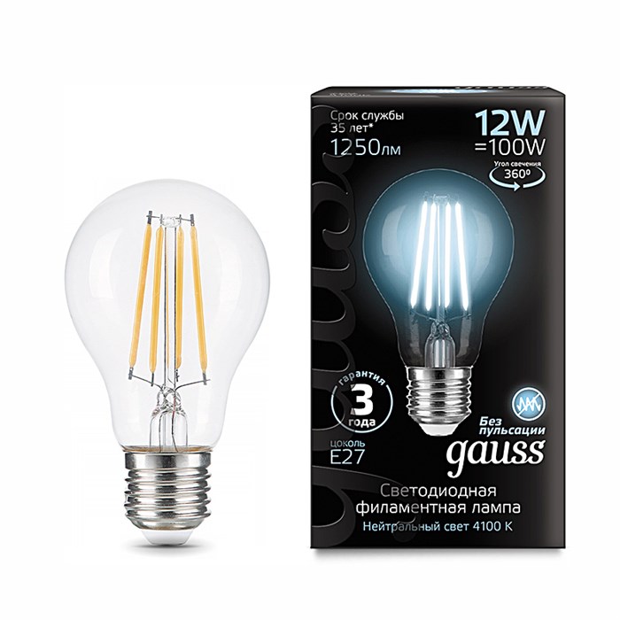 Лампа Gauss LED Filament А60 12W 1250lm 4100К Е27  1/10/40(102902212) - фото 2921356