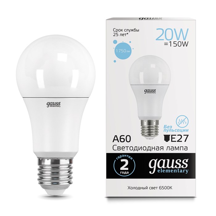 Лампа Gauss Elementary LED A60 20W E27 6500K 1/10/40 (23239)