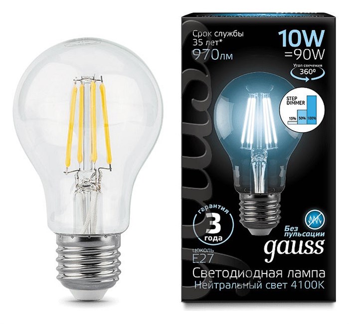 Лампа светодиодная Gauss LED Filament E27 10Вт 4100K 102802210-S - фото 3019359