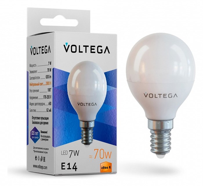 Лампа светодиодная Voltega Simple E14 7Вт 2800K VG2-G45E14warm7W - фото 3109974