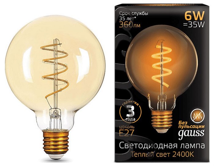 Лампа светодиодная Gauss Led Filament G95 Flexible E27 6Вт 2400K 105802007 - фото 4641119