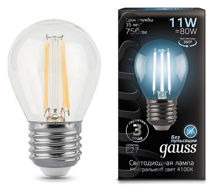 Лампа светодиодная Gauss LED Filament E27 11Вт 4100K 105802211 - фото 4641221