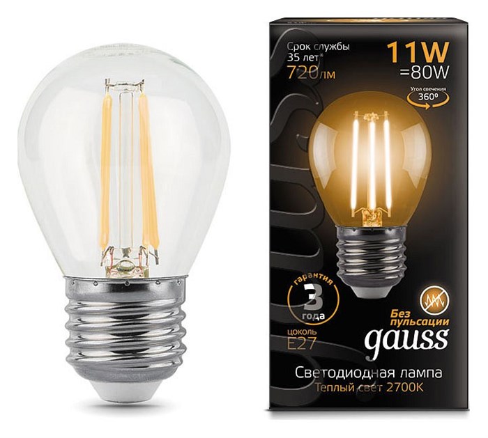 Лампа светодиодная Gauss LED Filament E27 11Вт 2700K 105802111 - фото 4641222