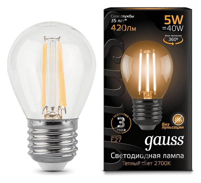 Лампа светодиодная Gauss LED Filament E27 5Вт 2700K 105802105 - фото 4641372