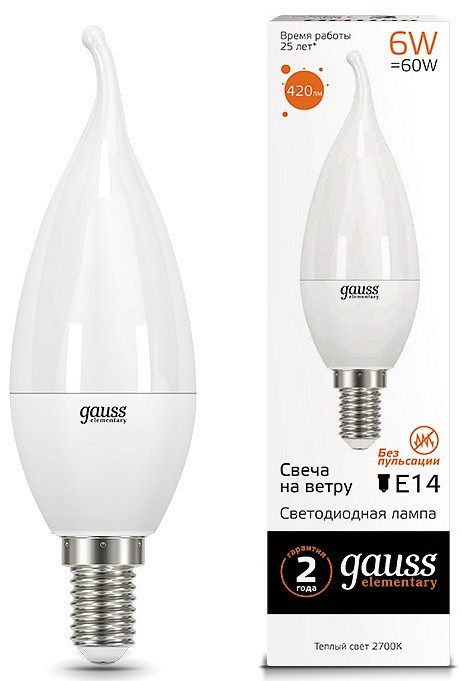 Лампа светодиодная Gauss Led Elementary Candle Tailed E14 6Вт 3000K 34116 - фото 4641461