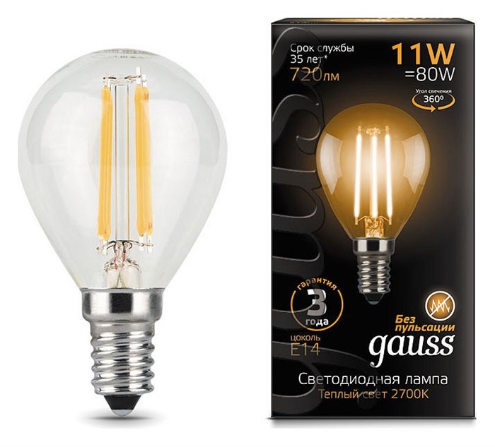 Лампа светодиодная Gauss LED Filament E14 11Вт 2700K 105801111 - фото 4641833