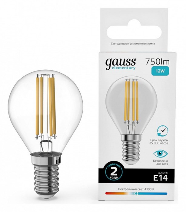 Лампа светодиодная Gauss Filament Elementary E14 12Вт 4100K 52122 - фото 4643937