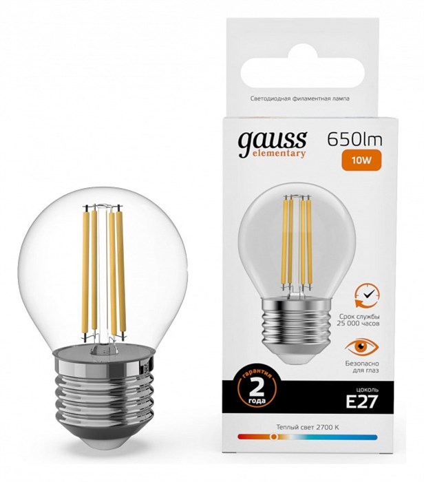 Лампа светодиодная Gauss Filament Elementary E27 10Вт 2700K 52210 - фото 4643945