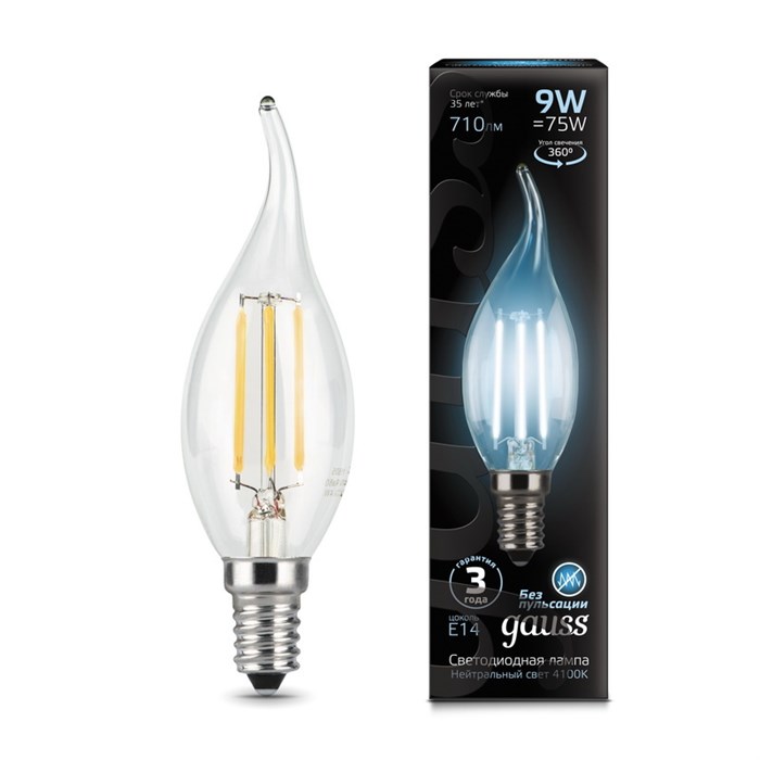 Лампа Gauss LED Filament Candle tailed E14 9W 4100K 1/10/50 104801209 - фото 4690895