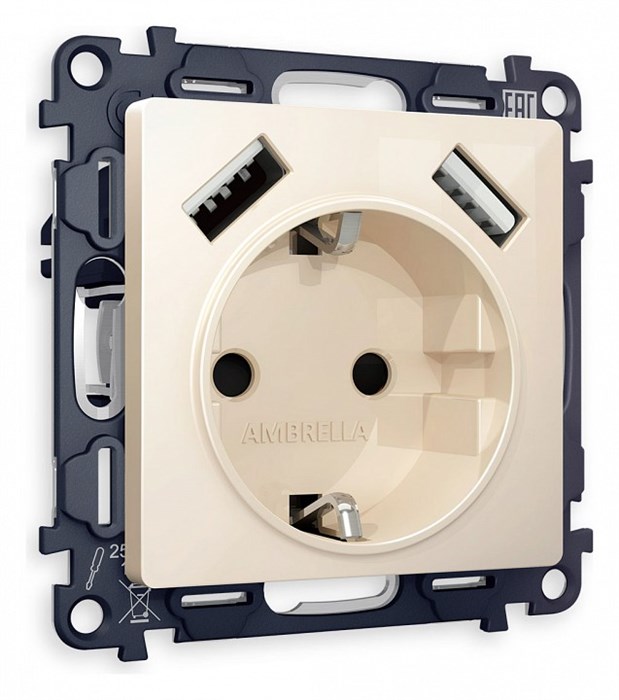 Розетка с заземлением и со шторкой и 2хUSB type A, без рамки Ambrella Volt Quant MA309010 - фото 4905480