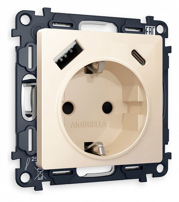 Розетка с заземлением и 2хUSB type A и C, без рамки Ambrella Volt Quant MA310010 - фото 4905484