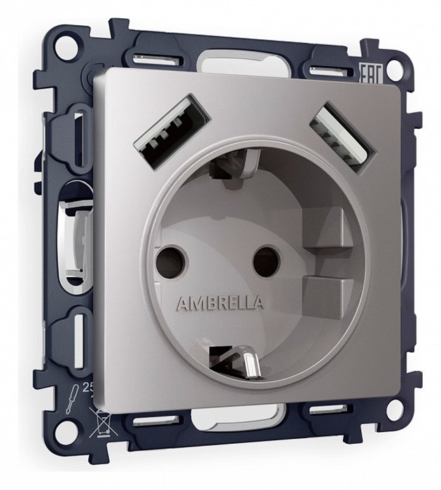 Розетка с заземлением и со шторкой и 2хUSB type A, без рамки Ambrella Volt Quant MA509010 - фото 4905575
