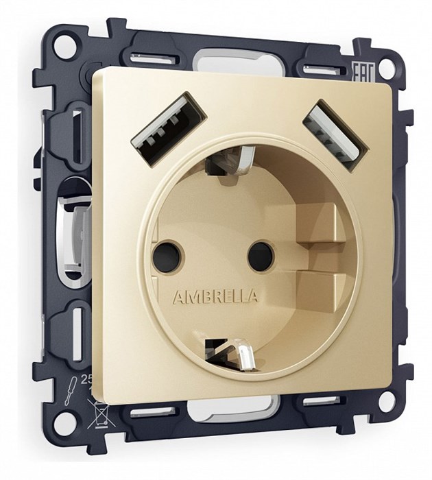 Розетка с заземлением и со шторкой и 2хUSB type A, без рамки Ambrella Volt Quant MA609010 - фото 4905663