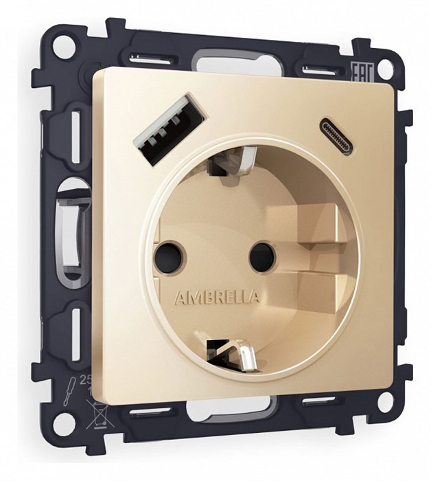 Розетка с заземлением и 2хUSB type A и C, без рамки Ambrella Volt Quant MA610010 - фото 4905666