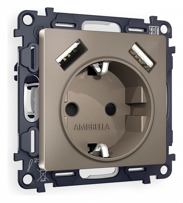 Розетка с заземлением и со шторкой и 2хUSB type A, без рамки Ambrella Volt Quant MA639010 - фото 4905756