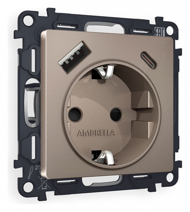 Розетка с заземлением и 2хUSB type A и C, без рамки Ambrella Volt Quant MA640010 - фото 4905759