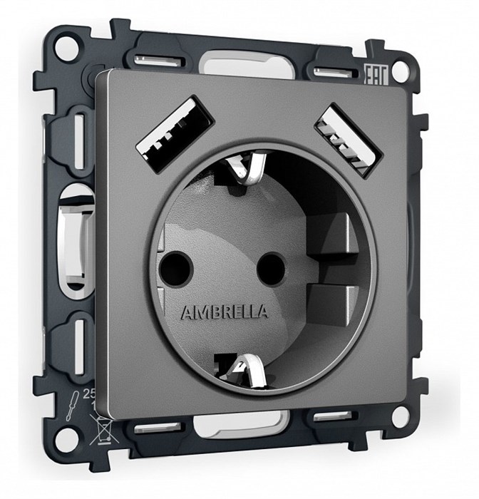 Розетка с заземлением и со шторкой и 2хUSB type A, без рамки Ambrella Volt Quant MA659010 - фото 4909216