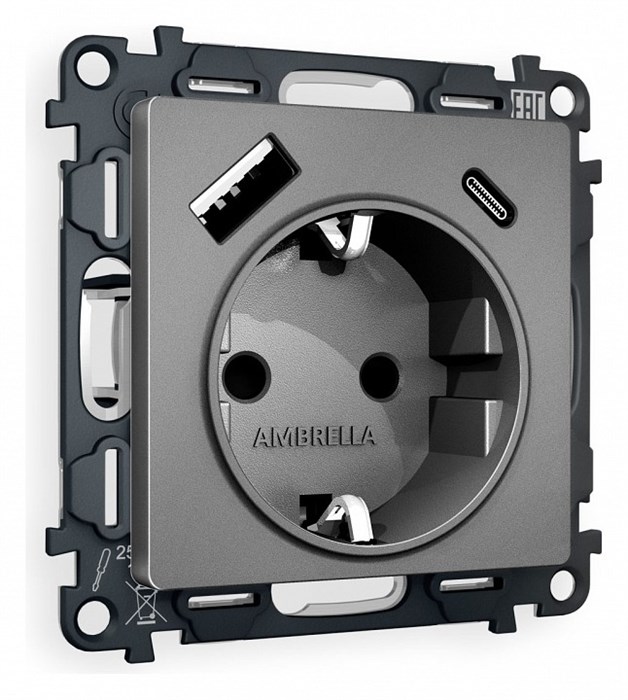 Розетка с заземлением и 2хUSB type A и C, без рамки Ambrella Volt Quant MA660010 - фото 4909220