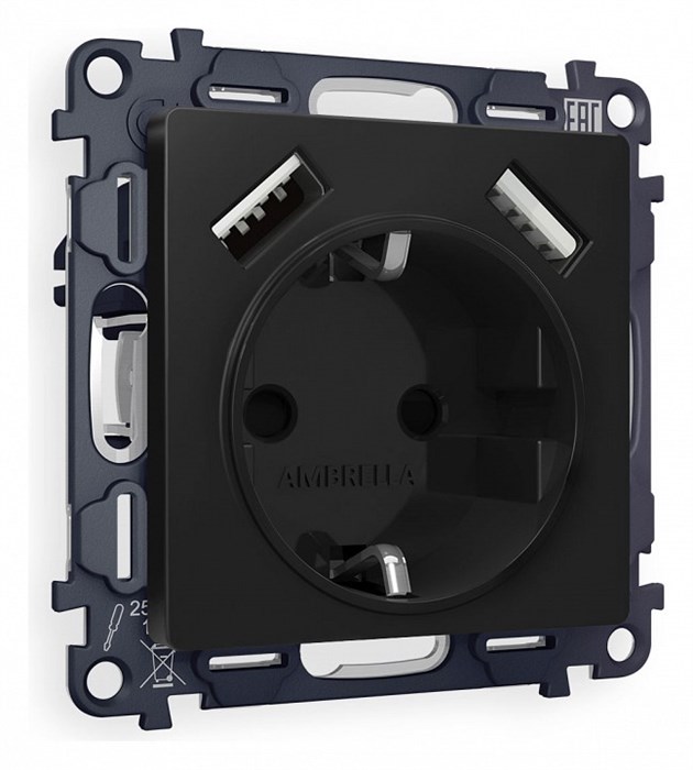 Розетка с заземлением и со шторкой и 2хUSB type A, без рамки Ambrella Volt Quant MA809010 - фото 4909310