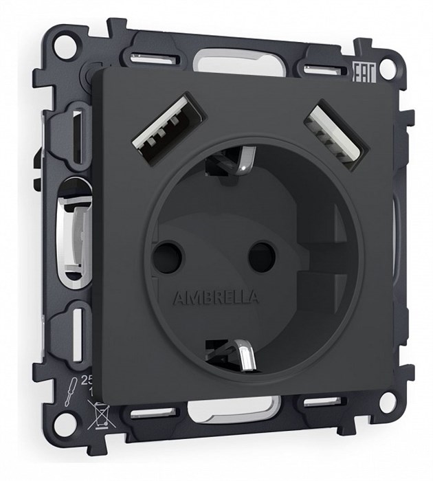 Розетка с заземлением и со шторкой и 2хUSB type A, без рамки Ambrella Volt Quant MA909010 - фото 4909397