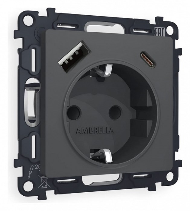 Розетка с заземлением и 2хUSB type A и C, без рамки Ambrella Volt Quant MA910010 - фото 4909400