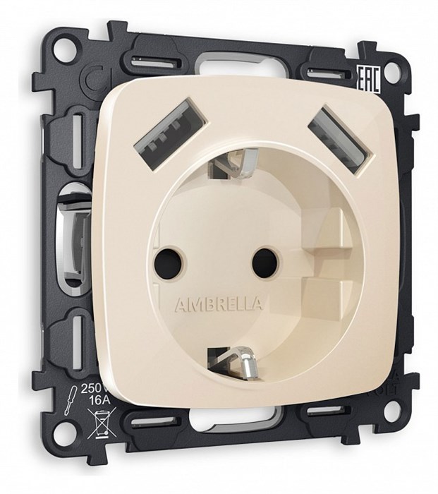 Розетка с заземлением и 2хUSB type A, без рамки Ambrella Volt Quant MO309010 - фото 4909489
