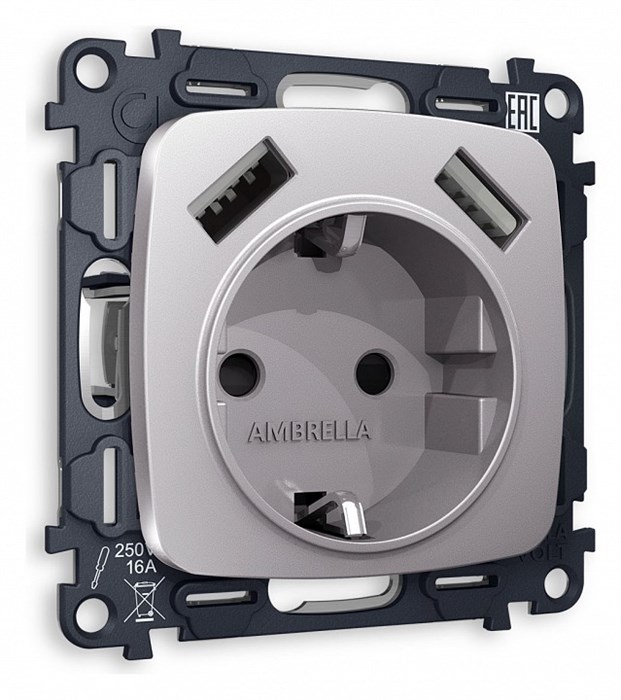 Розетка с заземлением и 2хUSB type A, без рамки Ambrella Volt Quant MO509010 - фото 4909579