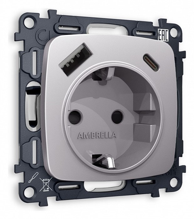 Розетка с заземлением и 2хUSB type A и C, без рамки Ambrella Volt Quant MO510010 - фото 4909582