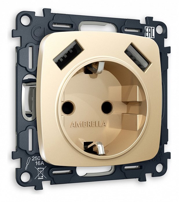 Розетка с заземлением и 2хUSB type A, без рамки Ambrella Volt Quant MO609010 - фото 4909660