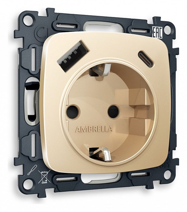Розетка с заземлением и 2хUSB type A и C, без рамки Ambrella Volt Quant MO610010 - фото 4909663