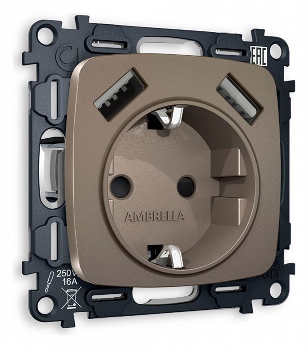 Розетка с заземлением и 2хUSB type A, без рамки Ambrella Volt Quant MO639010 - фото 4909752