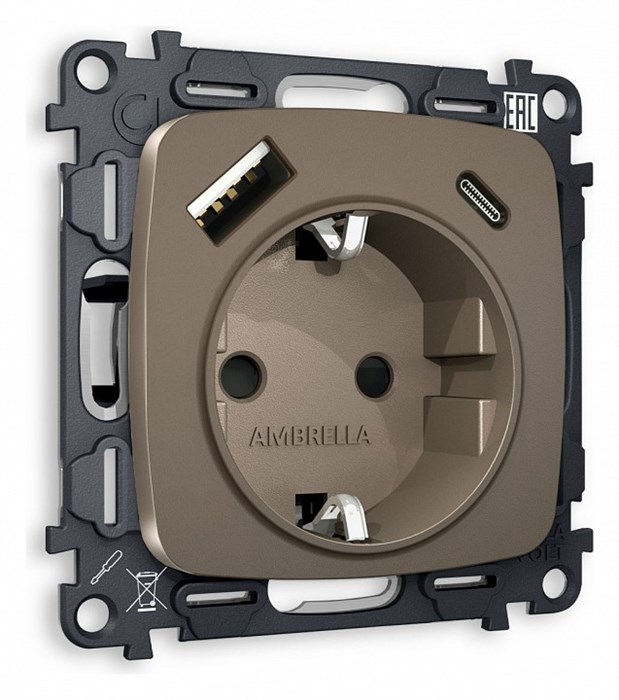 Розетка с заземлением и 2хUSB type A и C, без рамки Ambrella Volt Quant MO640010 - фото 4909755