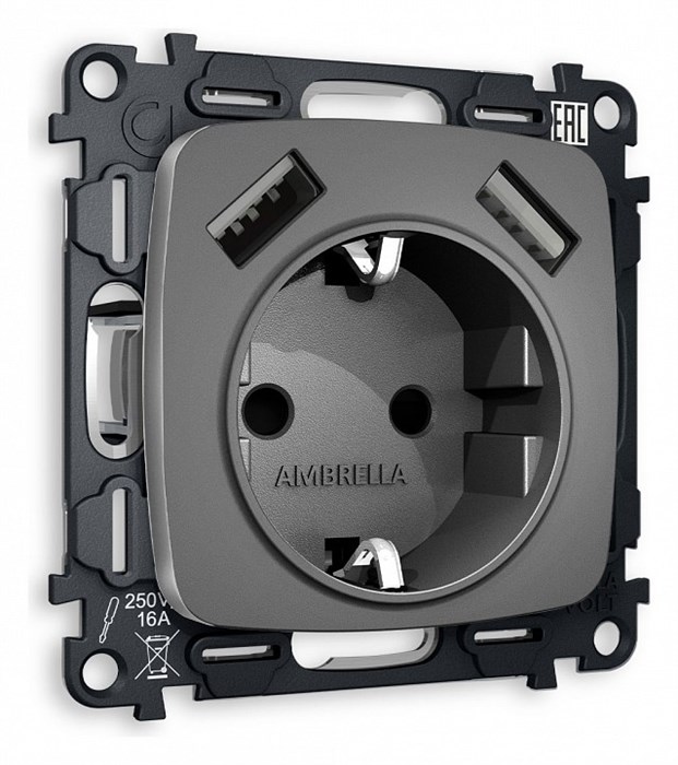 Розетка с заземлением и 2хUSB type A, без рамки Ambrella Volt Quant MO659010 - фото 4909842