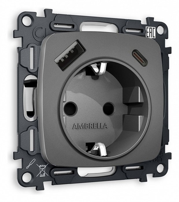 Розетка с заземлением и 2хUSB type A и C, без рамки Ambrella Volt Quant MO660010 - фото 4909845