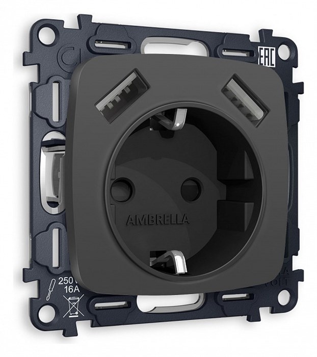 Розетка с заземлением и 2хUSB type A, без рамки Ambrella Volt Quant MO909010 - фото 4910025