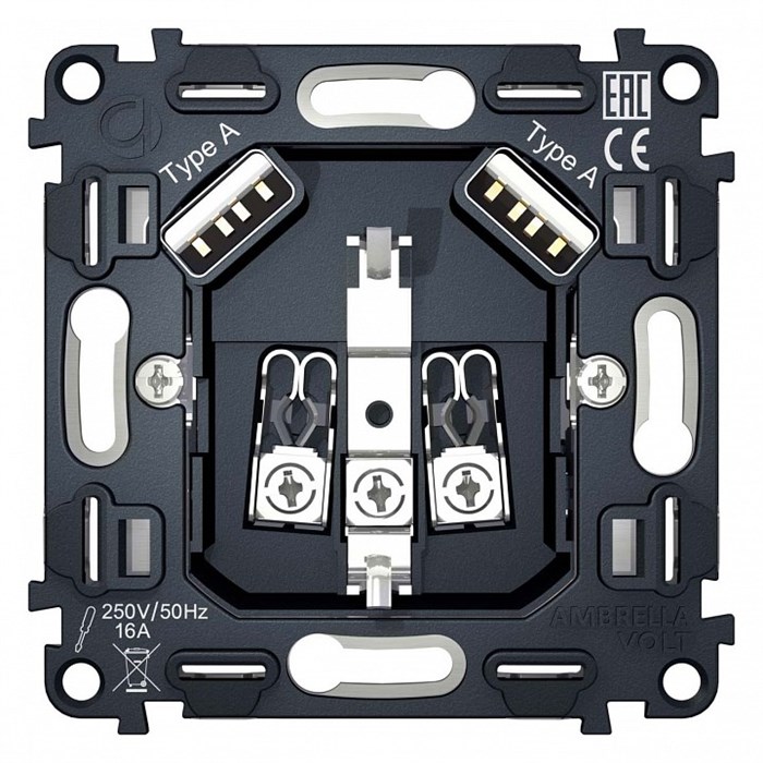 Механизм розетки с заземлением и 2хUSB type A Ambrella Volt Quant VM155 - фото 4910734