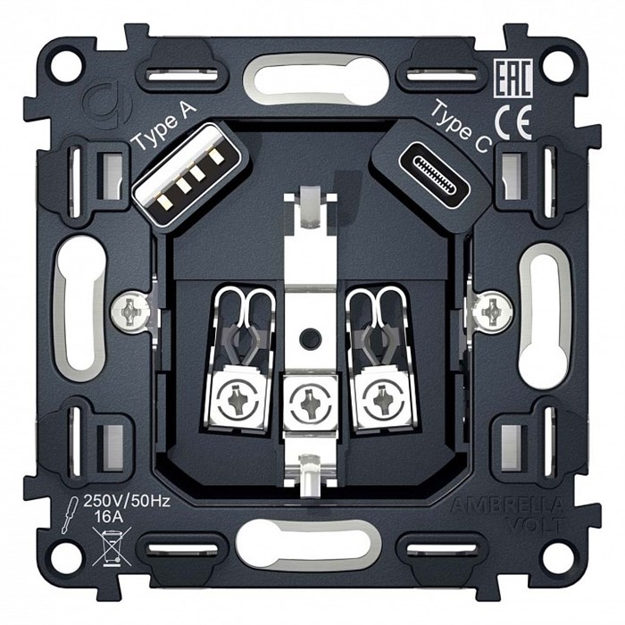 Механизм розетки с заземлением и 2хUSB type A и C Ambrella Volt Quant VM160 - фото 4910737