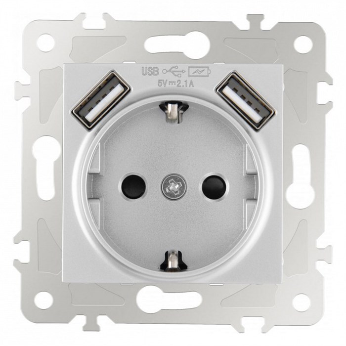Розетка с заземлением и со шторкой и 2хUSB, без рамки Arte Milano am-203 203.47-1.silver - фото 4938075